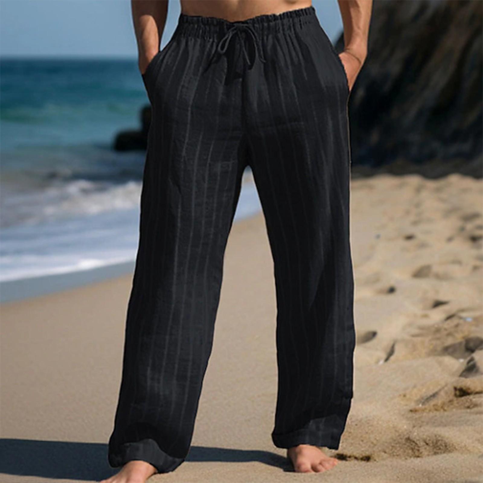 

Men s Linen Pants Stretch Waist Comfortable Breathable Straight Striped Pants L чорний