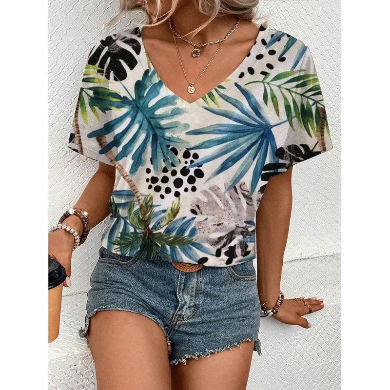 Summer New Product Cool And Comfortable V-neck T-shirt Women's Elegant Flower Print Top Casual Simple Short Sleeved T-shirt
