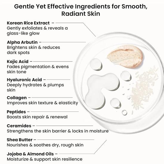 WildOak Korean Rice Face Scrub | With Hyaluronic Acid, Kojic Acid & Alpha Arbutin | Glass Skin, Boosts Collagen & De-Tan | Gentle Exfoliation| 100g