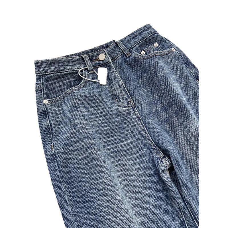 Blue Straight Leg Jeans Women Spring Autumn High Waist Loose Fit Wide Pants