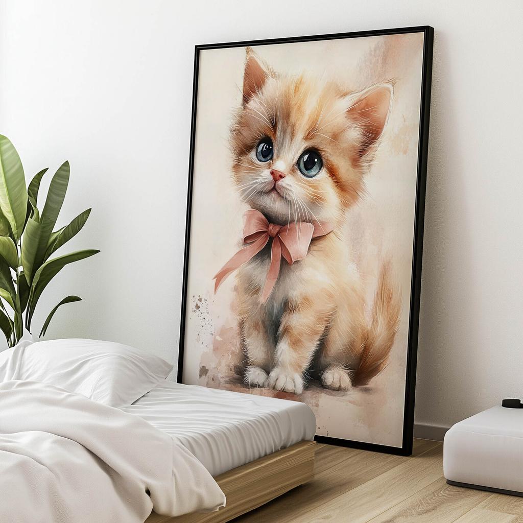 Cute Kitten With Pink Bow Cute Kitten With Pink Bow, 30X40 Cm, Unframed, Premium Canvas On Stretcher