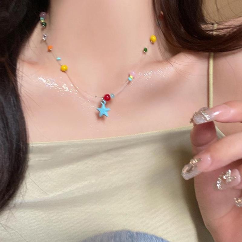 Party Necklace Colorful Star Beaded Pendant Clavicle Chain Delicate Star Collar Choker Necklace for Women Girl Birthday