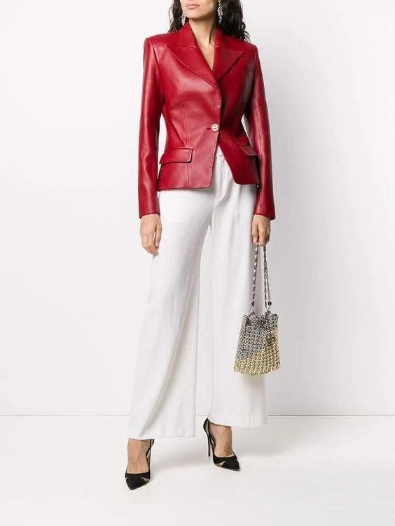 Red Blazer Formal Women Designer Leather Party Stylish Real Lambskin Handmade