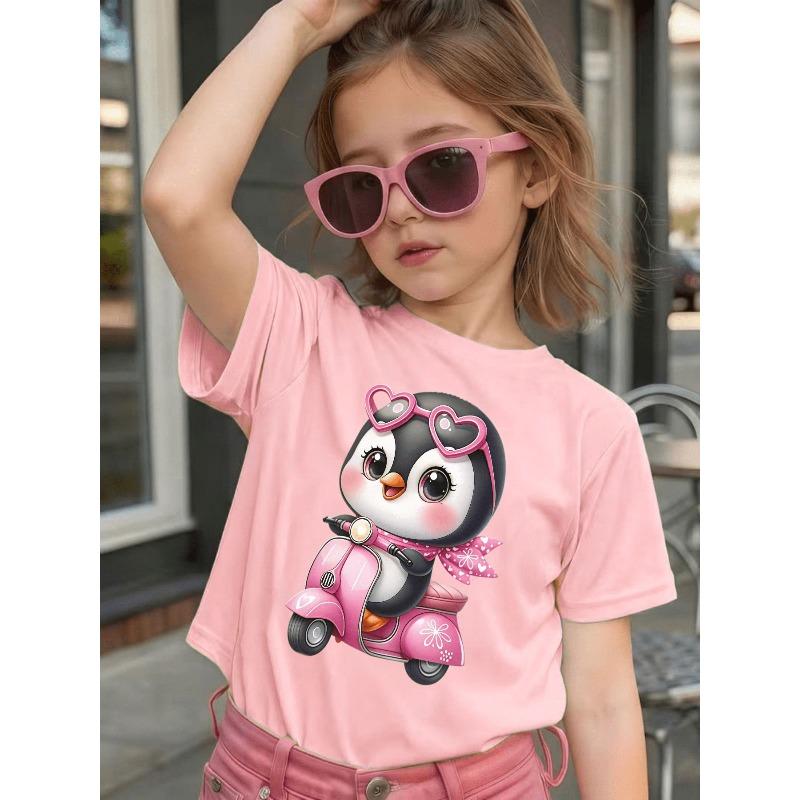 Girl Short-Sleeved Cute Cartoon Penguin Pink Skateboard Print Girl'S Summer Sweet And Fashionable T-Shirt