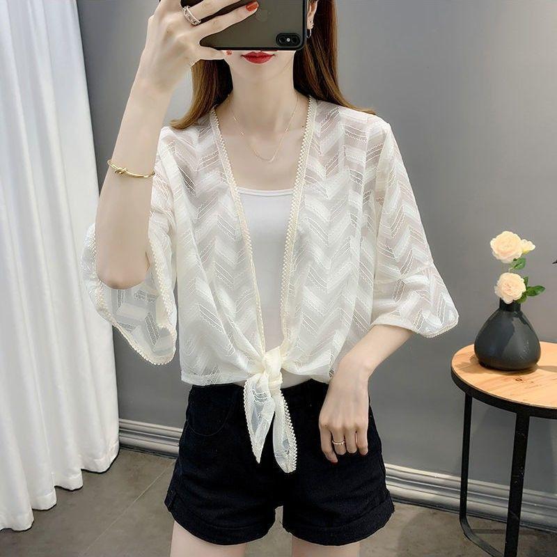 Hollow Out Chiffon Cardigan Sunscreen Jacket for Summer Paired with Lace Thin Outerwear Women's Shawl