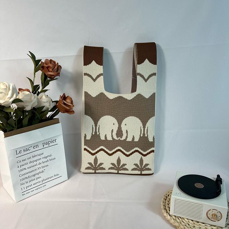 Ethnic Style Cartoon Knitted Handbag Women Large Capacity Knot Wrist Bag Casual Tote Bag Handmade Shopping Bags For Woman Girls