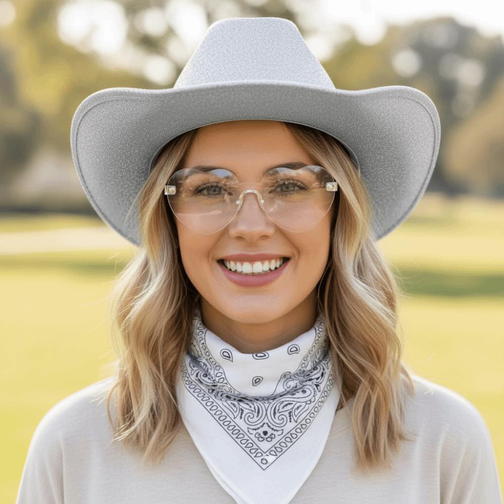 3pcs/Set Bandana Sparkling Powder Denim Hat Wide Brim Heart Sunglasses Western Cowboy Hat 3pcs/Set Solid Color Pink Cowboy Hat