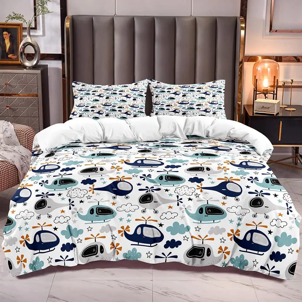Poszwa na kołdrę z samolotami latającymi w powietrzu, lotnictwo, lotnisko, helikoptery i odrzutowce, styl kreskówkowy, dekoracja pokoju dla chłopców i dziewcząt, prezent