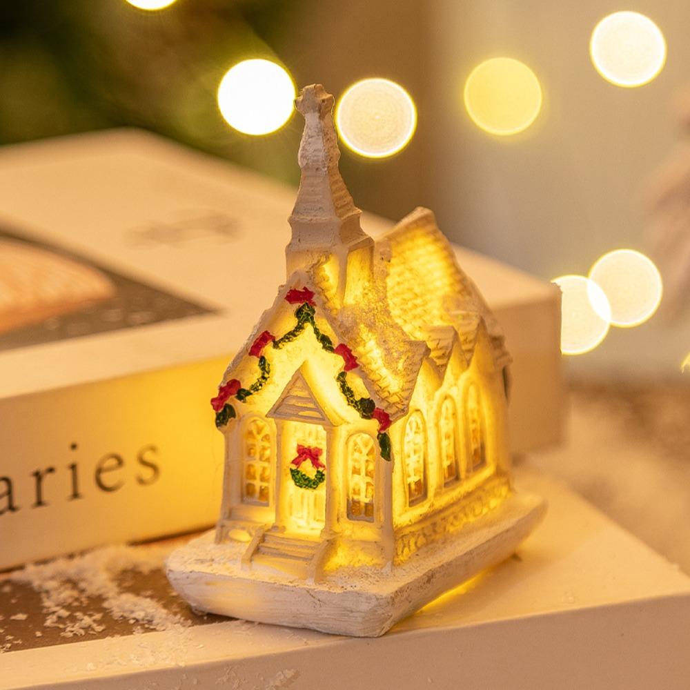 White Christmas Glowing Small House Resin Xmas House Ornament Cartoon Table Decorations Home Decor