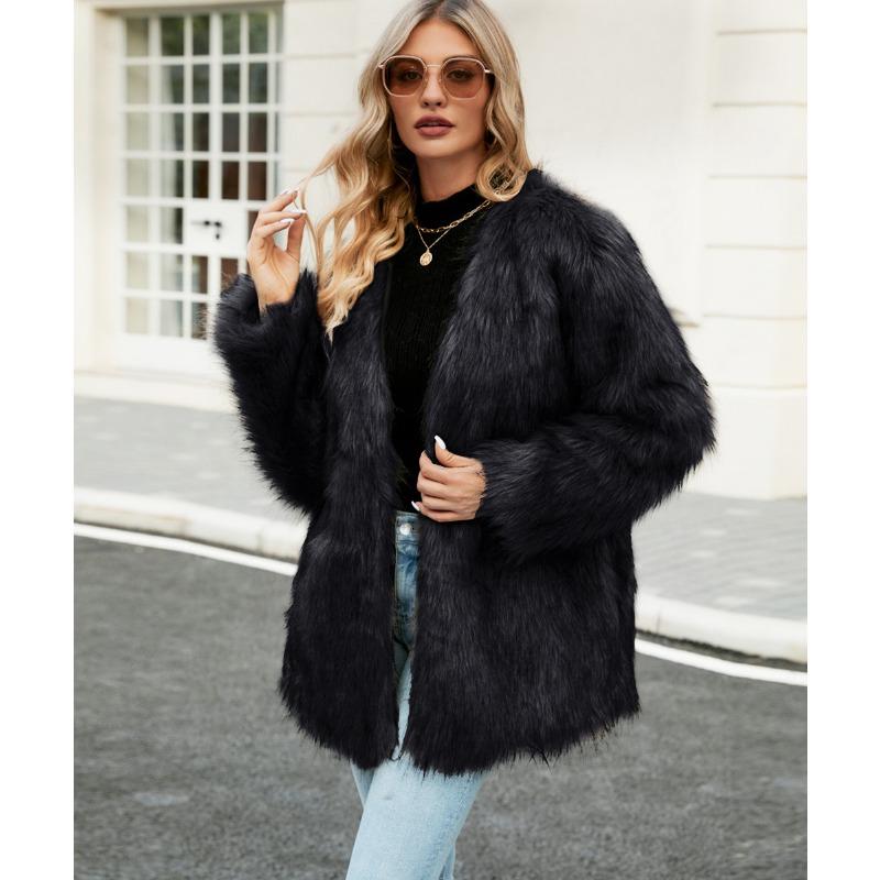Autumn Winter V-neck Women's Faux Fur Jacket Warm Fashion Casual Short Top Oversize Coat Artificial Fur
