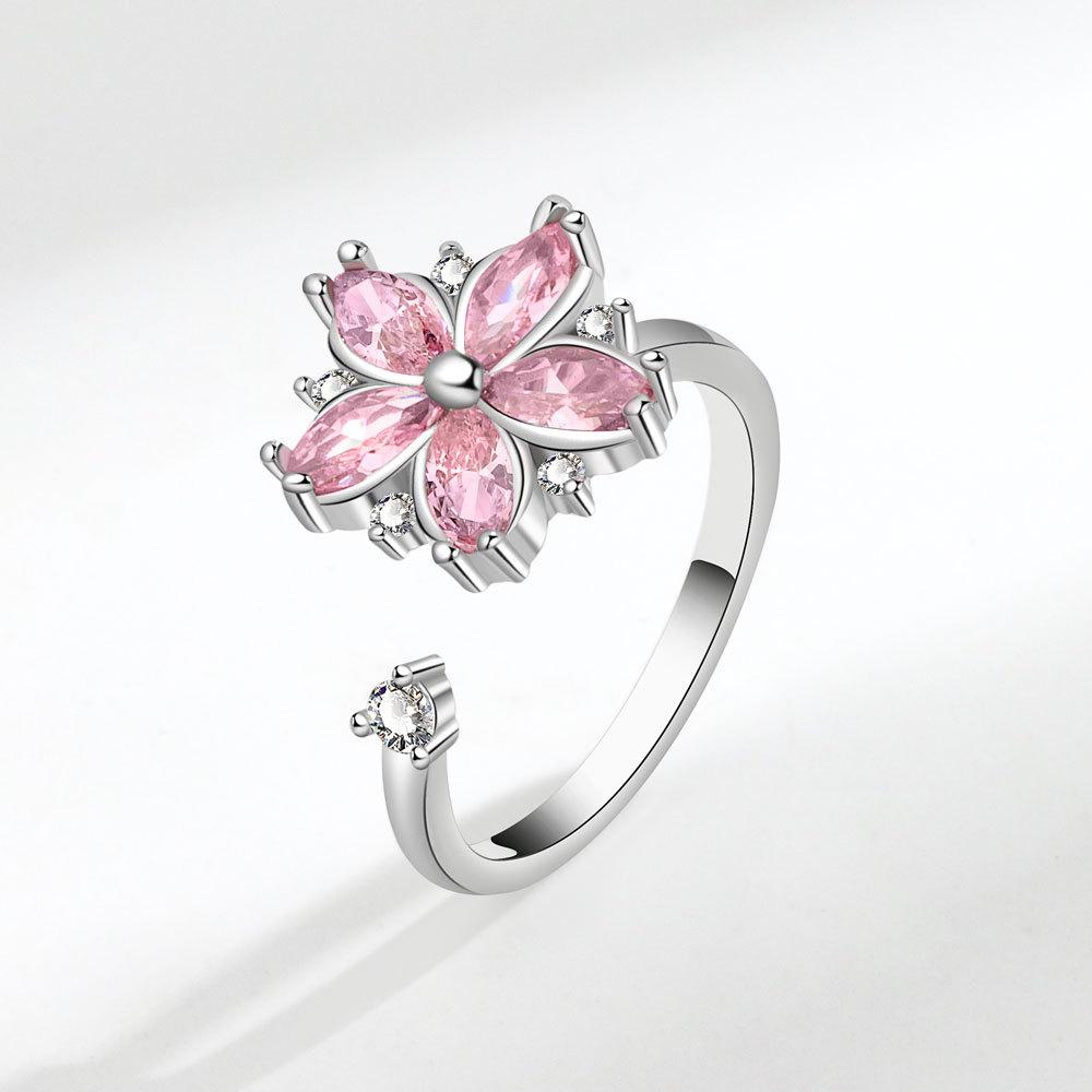 

Pink Rhinestone Romantic Flowers Adjustable Open Rotating Ring for Women Anti-Stress Anxiety Finger Accessory Zircon resizable