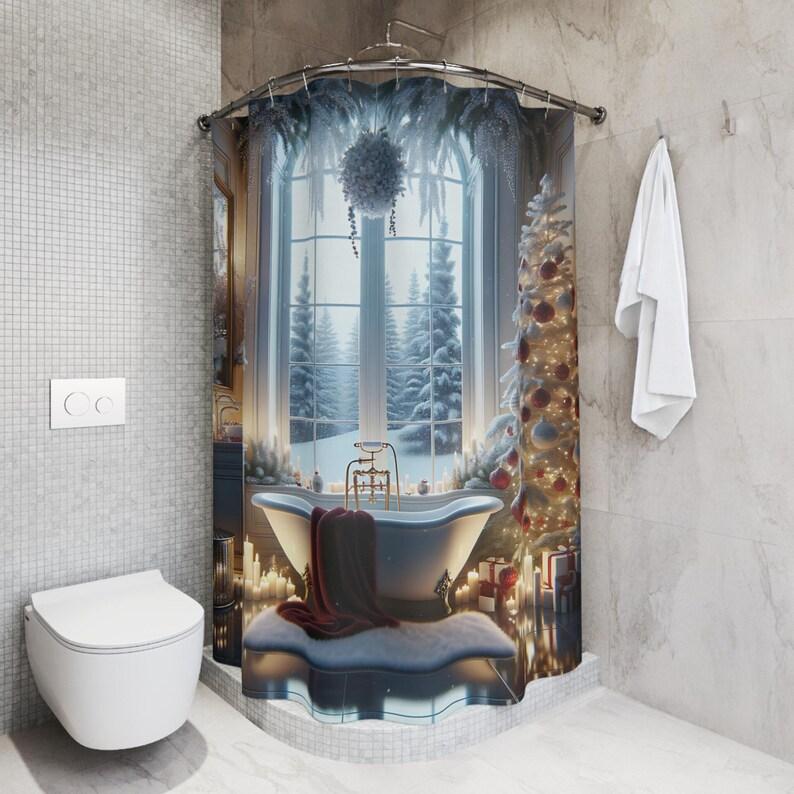 Luxury Christmas Winter Wonderland Shower Curtain, Romantic Festive Bathroom Accessory with Elegant Holiday Decor