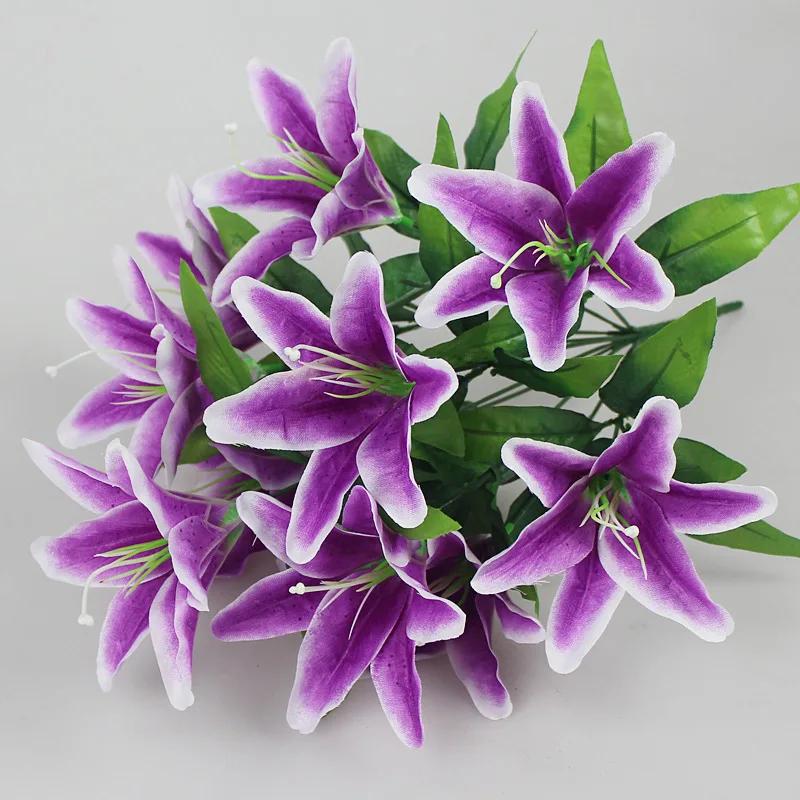 1PC 10 Heads Artificial Lily Flowers European Multicolor Fake Bridal Flower Bouquet Wedding Home Party Decoration Flowers