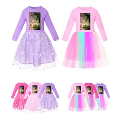 Kids Girls Witch Glinda Print Mesh Rainbow Round Neck Casual Cotton Dress