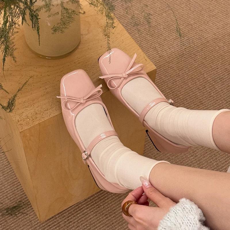 Fashion Women Mid Heel Pumps Patent Leather Women Mary Jane Shoes Fashion Shallow Butterfly-knot Shoes Spring Autumn Wedding Party Shoes