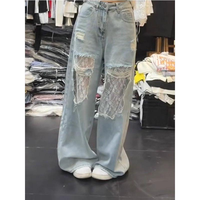Women's Retro Ripped Lace Patchwork Wide-Leg Jeans - Casual Spring Style