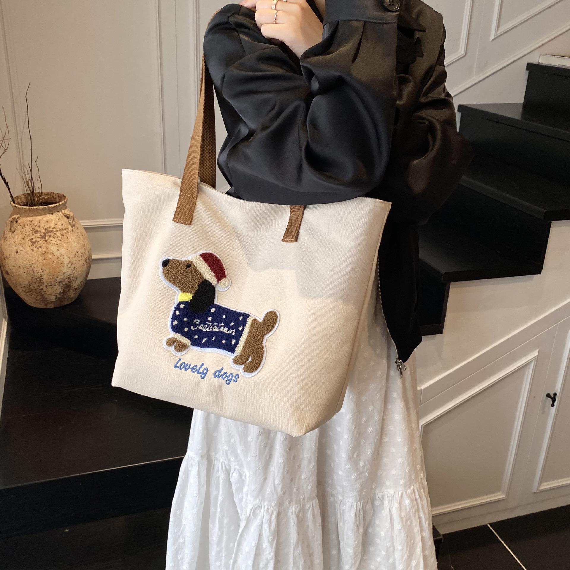 

Cute dachshund embroidered canvas bag portable 2025 new bag student class commute leisure versatile tote 45*32*13 хаки