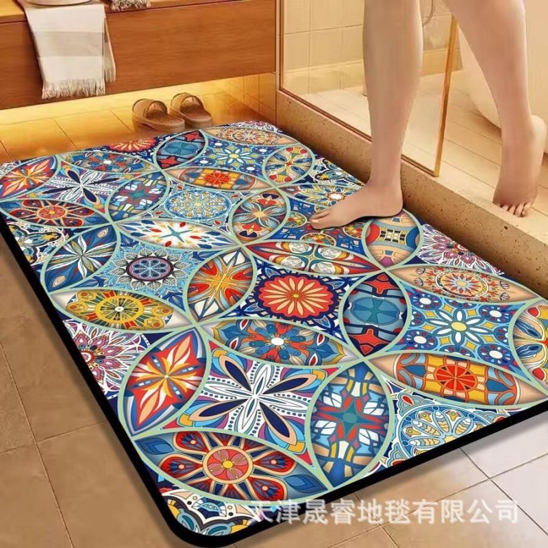 Classic European Style Bath Mat Non-Slip Absorbent Floor Rug Bathroom Entryway Hallway Square Shape