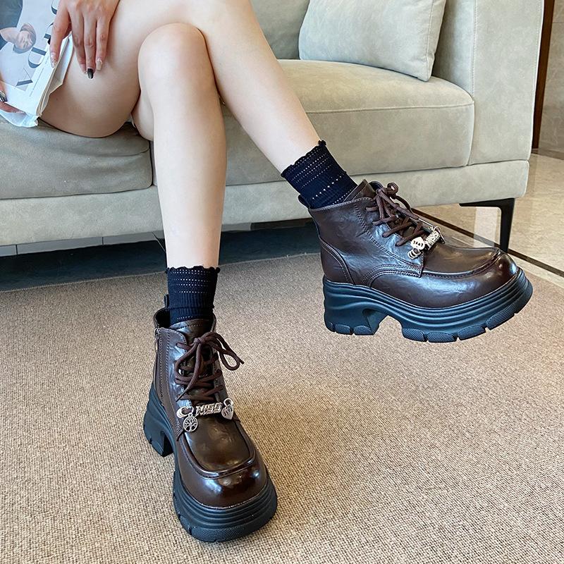 3380-3 Thick-soled Heightening Martin Boots Women's 2025 Autumn and Winter Leather Shoes Women's British Style Short Boots Thick Heel Short Boots