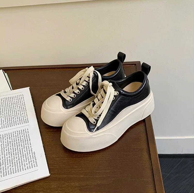 Horse Leather Version~ Versatile Round Head Casual Sports Board Shoes Lace-up Heightening Platform College Little White Shoes Women's 2025 New Models