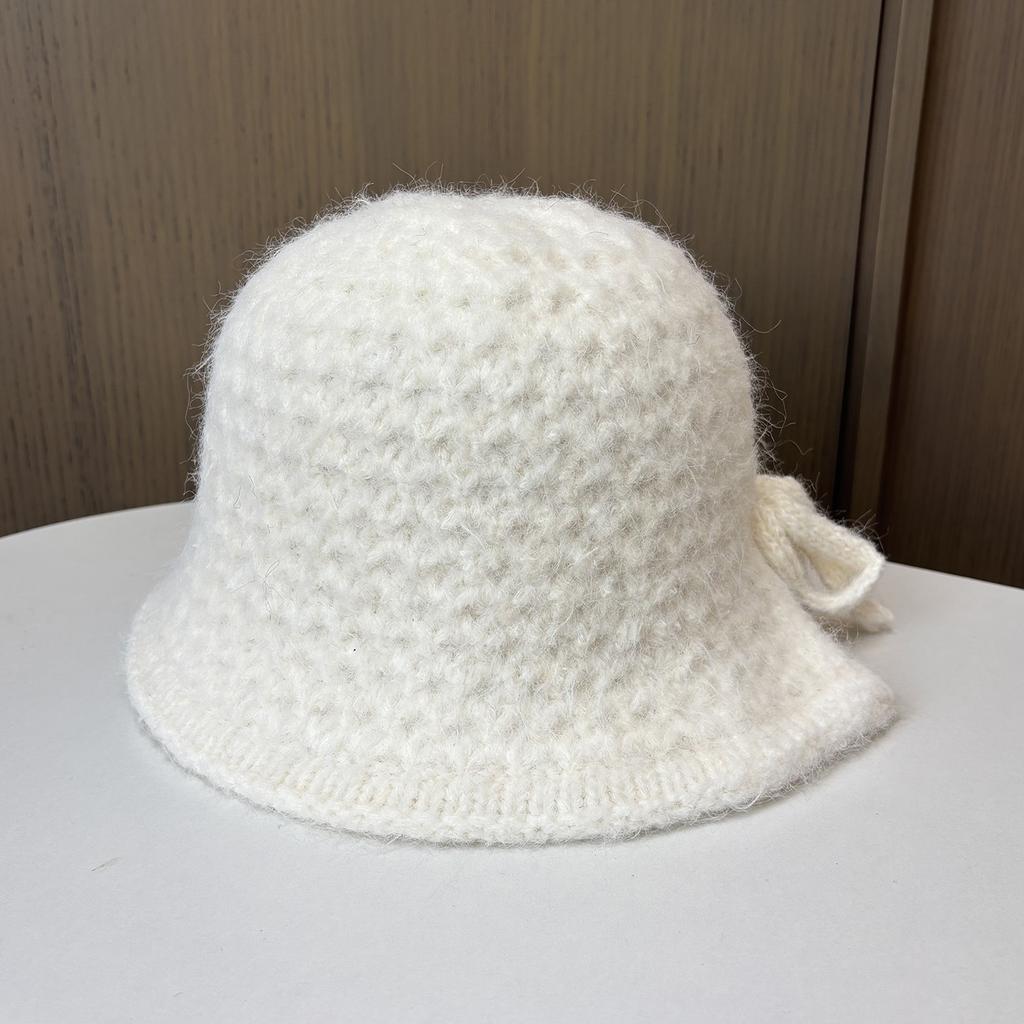 Sweet Bow Knitted Bucket Hat Women's Autumn and Winter Advanced Sense Warm Ear Protector Basin Hat Rear Split Bucket Hat