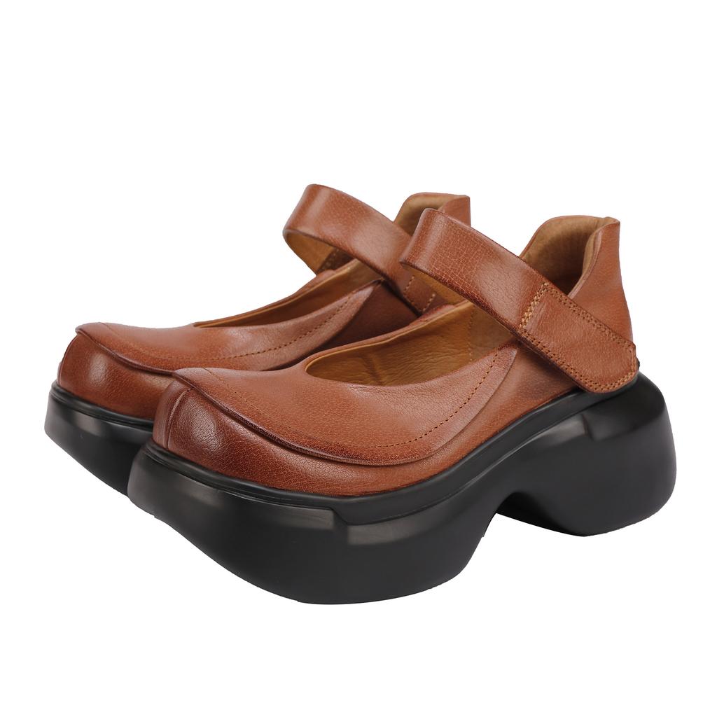 Johnature Plateau-Pumps Retro Echtes Leder Runde Spitze Vielseitige Damen-Plateauschuh