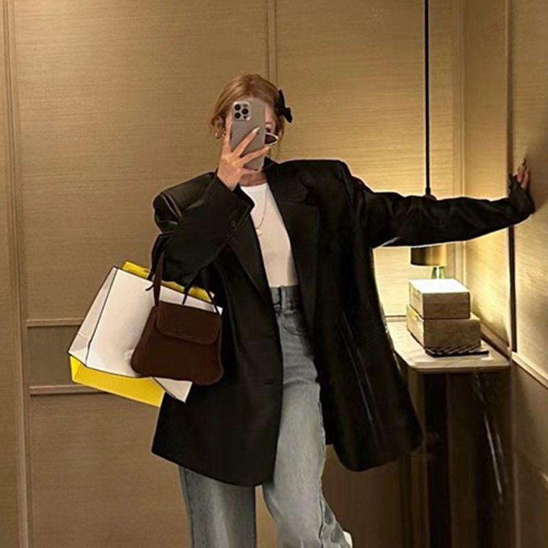 Premium Loose PU Suit Jacket Women with Non-Cracking Padded Shoulders Spring Autumn Fashion Plus Size Suit Female