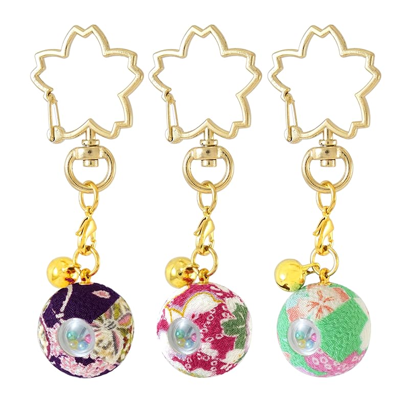 

[Zoon] flower crepe kaleidoscope Japanese pattern Crepe with bell key ring made in Japan souvenir (Set 2 (Purple, Cherry, Mint))