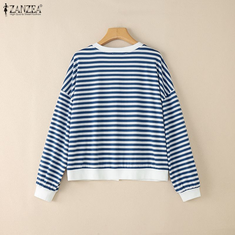 ZANZEA Women Casual Round Neck Long Sleeve Stripe Cardigan Blouse