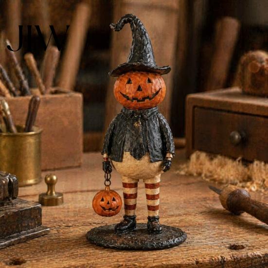 Autumn Home Ornament Pumpkin Witch Figurine, Spooky Halloween Statue with Lantern, Figurine Vintage Gothic Resin for Tabletop Mantel Shelf Decor