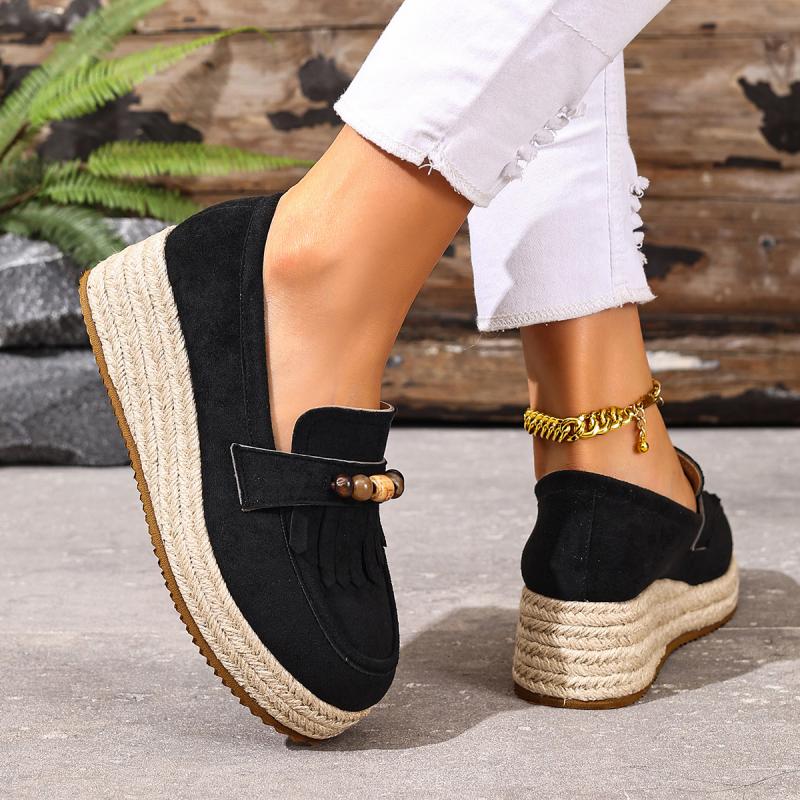 Mocassini da Donna Autunnali Comodi con Zeppa in Canapa, Decorazione Colorata con Perline Boemia, Nappine alla Moda, Scarpe Slip-On in Suede