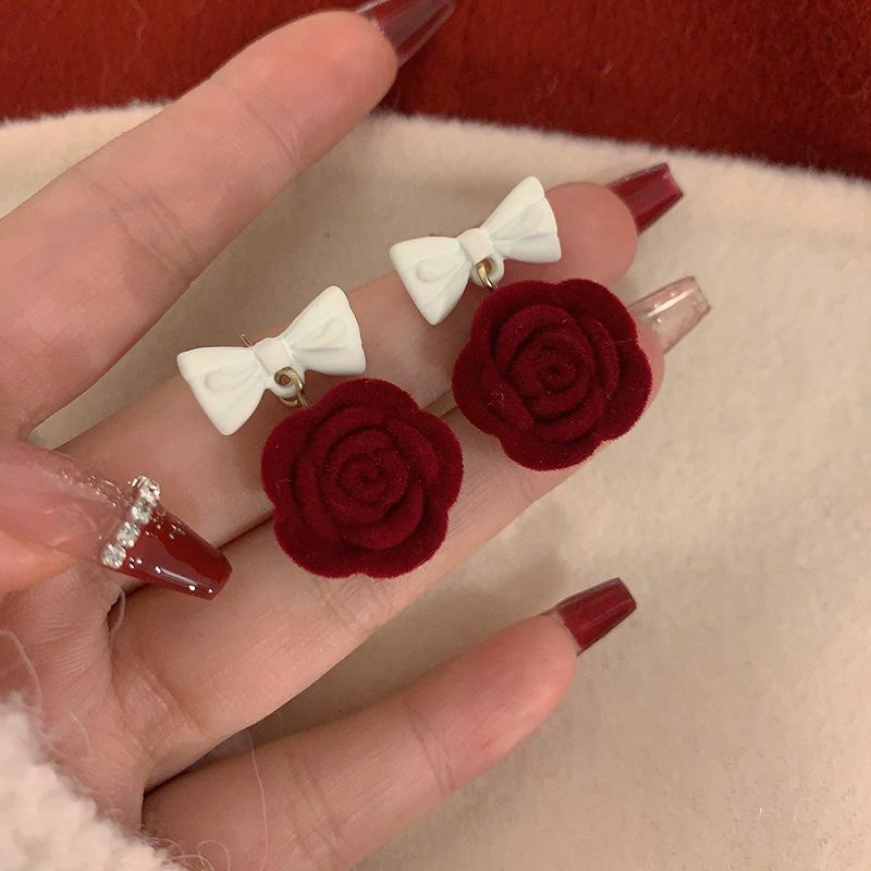 

Red Velvet Camellia Stud Earrings~ Flocking Bow Rose Earrings Christmas Hong Kong Style Earrings Ear Clips Women