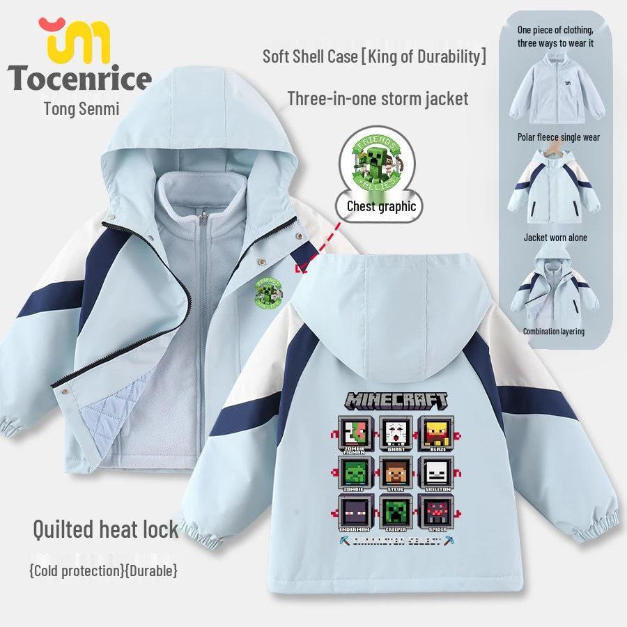 Dětská střední/velká kreslená větrovka Minecraft: 3v1 podzimní/zimní softshellová bunda