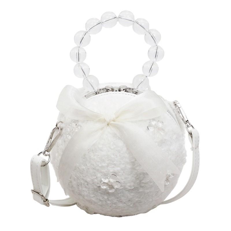 Nuova Borsa Rotonda Peluche con Perline Stile Cinese Portatile per Uso Quotidiano Casual
