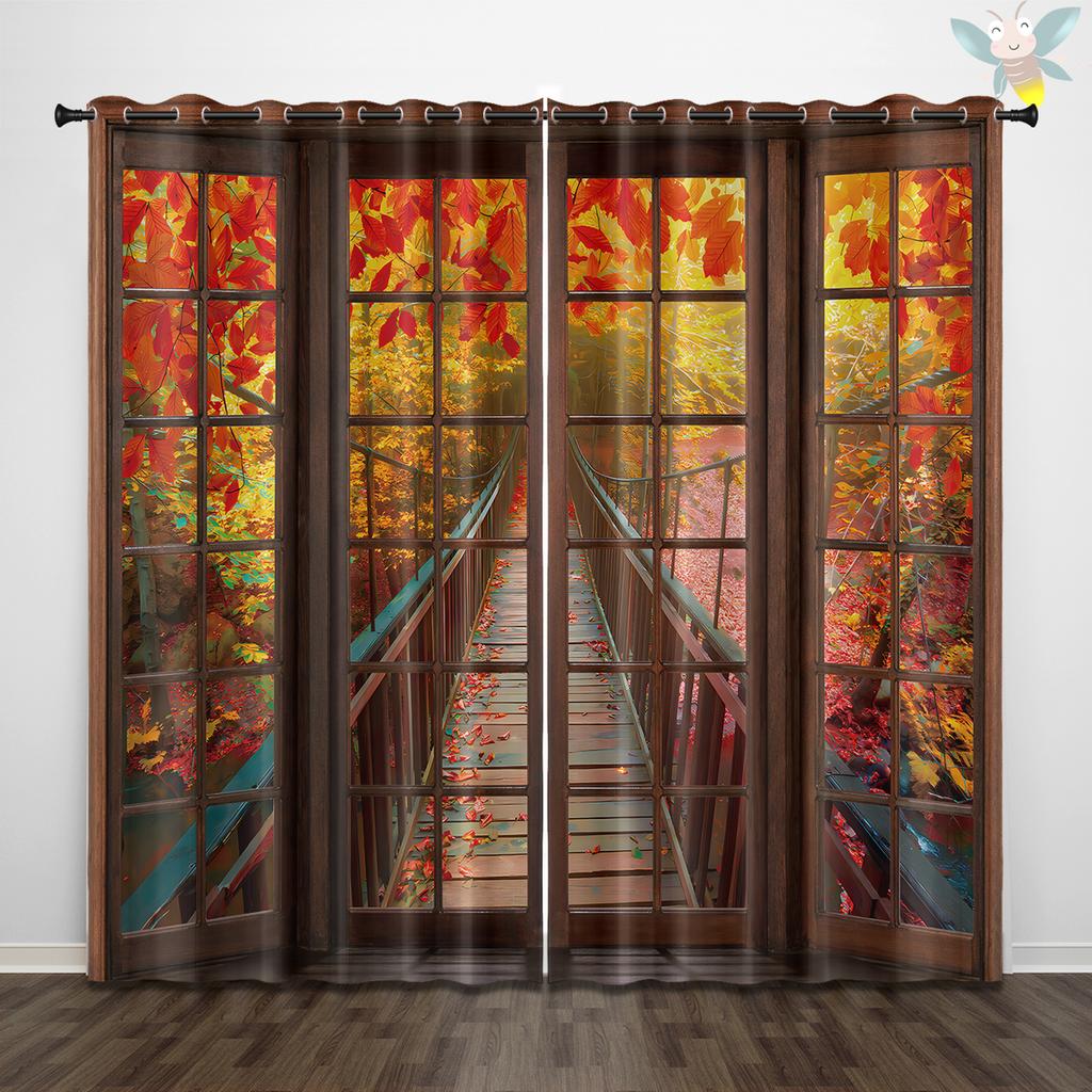 2 piezas de cortinas estampadas con patrón de hojas de bosque otoñal, decoración de marco de puerta retro para dormitorio y sala de estar