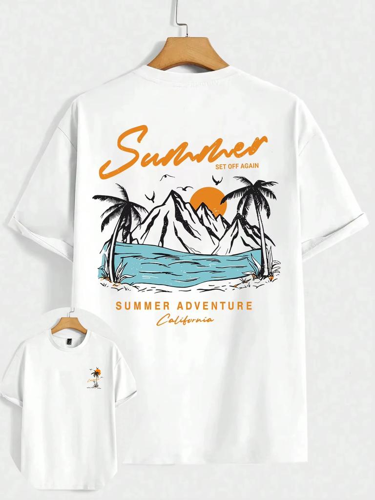 Summer Adventure California Men's T-Shirt Oversized Loose Cotton Tee Fashion Sweat Clothing Set Off Again