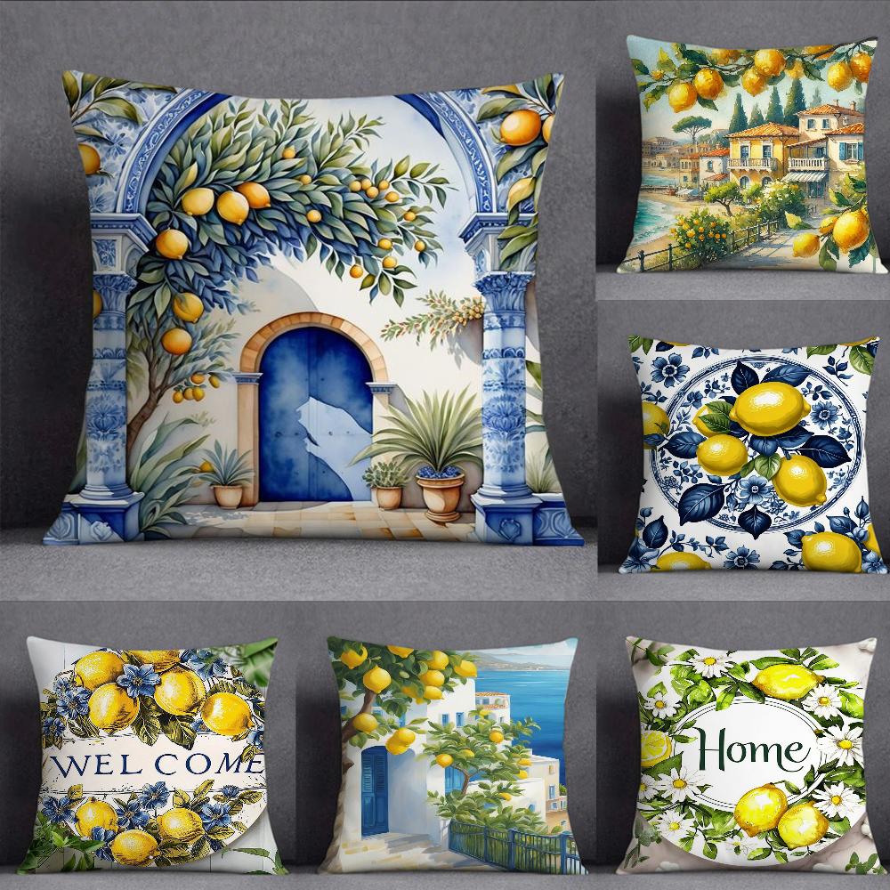 Refreshing Lemon - Themed Pillow Case Square Pillowcase Double-Sided Printing Short Plush Sofa Cushion Cover Bedroom