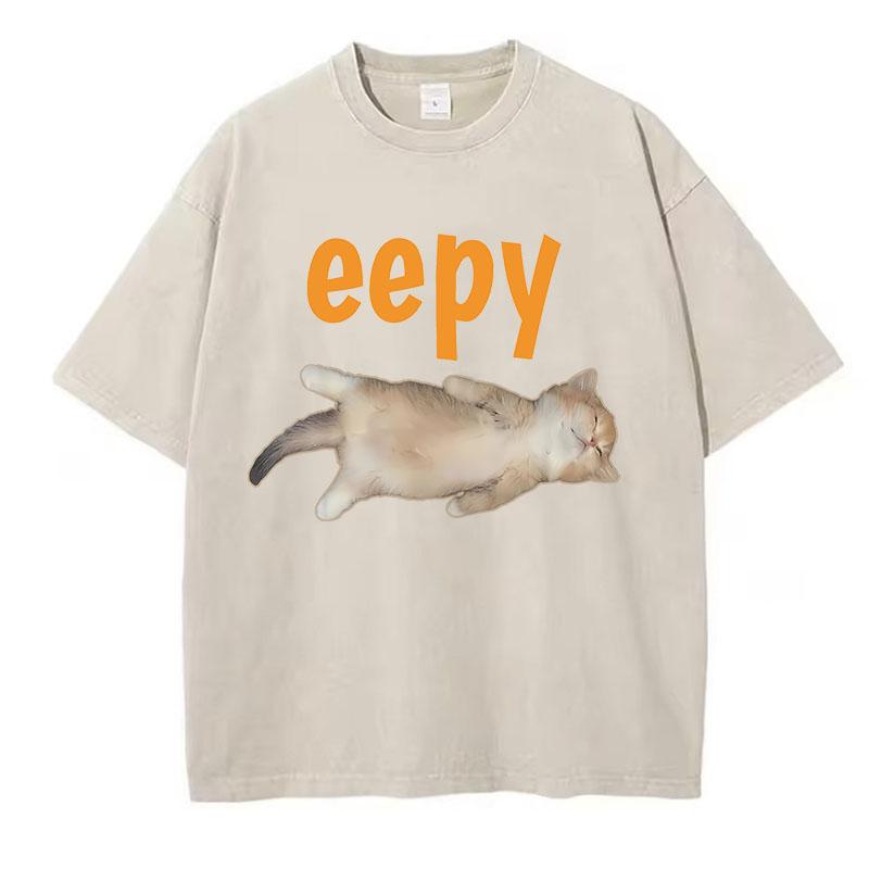 Hip Hop Retro T Shirt Vintage Washed Cotton T-Shirt Fashion Eepy Cat Graphic Tee Casual Streetwear Spring Summer Tee