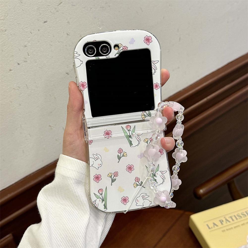 for Samsung Flip6 Cute Cartoon Rabbit Flower Wrist Chain Case for Samsung Galaxy Z Flip 6 5 4 3 Zflip Bracelet Ins Korean Cover