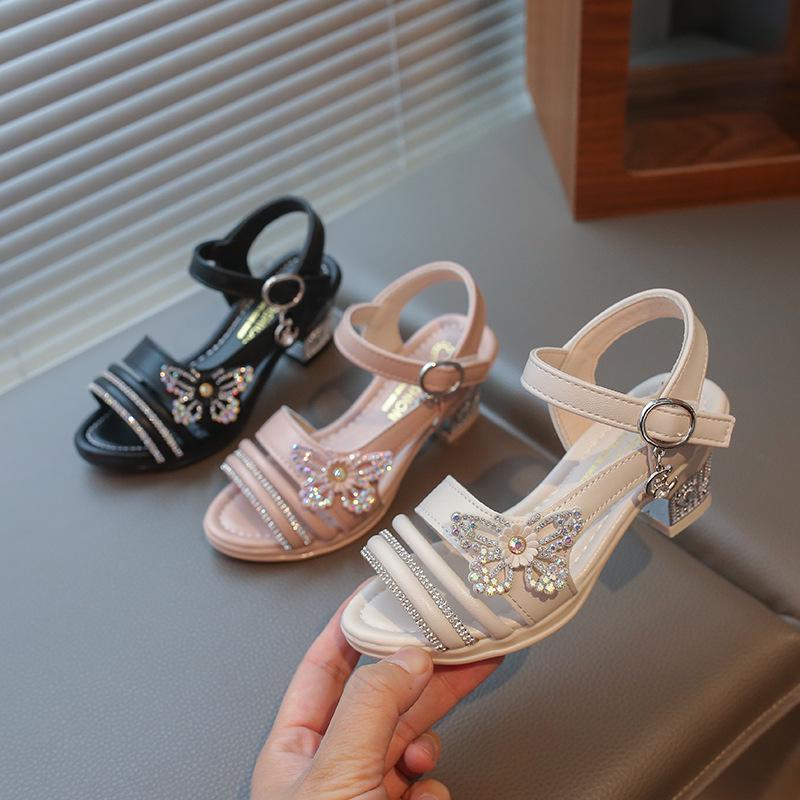 Girls' Summer Sandals with Rhinestone Butterflies, Children's Fashionable High Heels, Versatile Princess Style