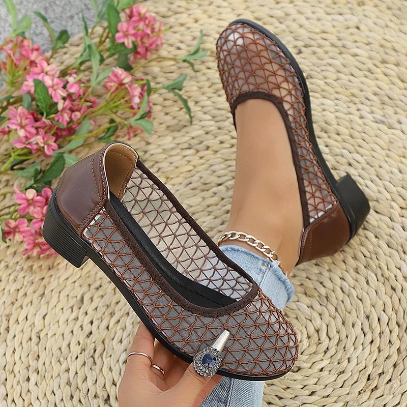 Fashion 2025 New Woven Breathable Loafers Women Spring Summer Thick Heels Single Shoes Woman Plus Size Slip On Casual Pumps Female 42