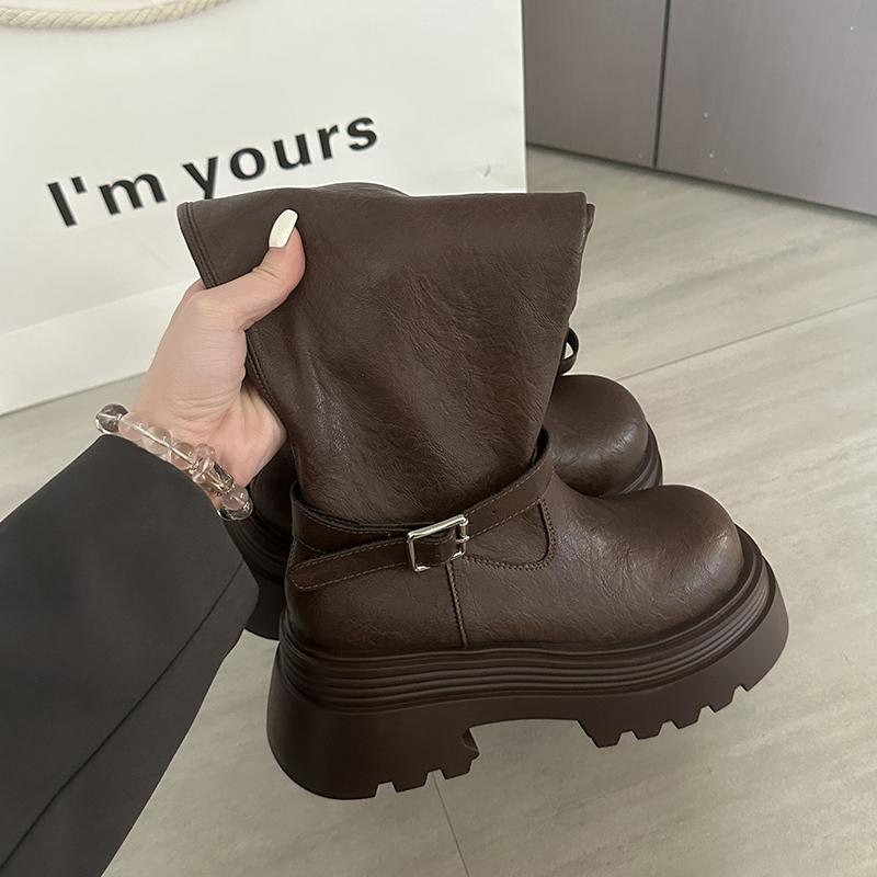 

Autumn Winter Belt Buckle Women Knee High Boots Fashion Thick Heels Punk Style Knight Long Booties De Mujer 35