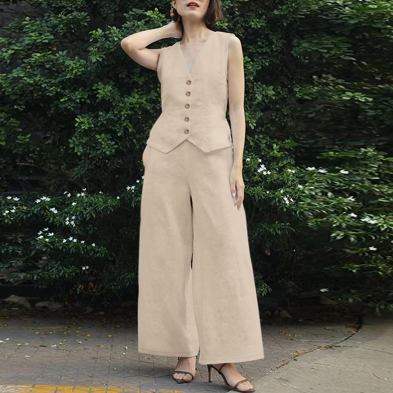 

ZANZEA Женские топы без рукавов и широкие брюки, летние комплекты из двух предметов 4XL хаки