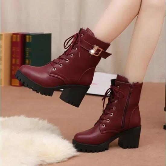 Women Boots Lace Up Flat Biker  Wine Red Boots Shoes Buckle Woman Botas Women Boots