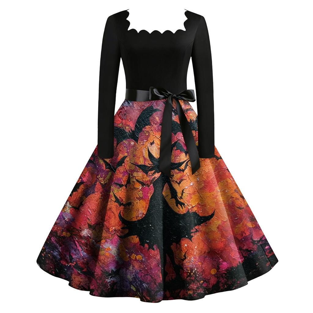 Women's Retro Long Sleeve Square Neck Halloween Print Party Dress