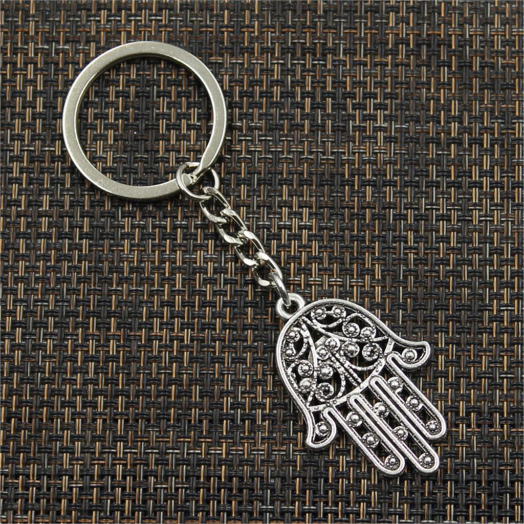 New Fashion Men 30mm Keychain DIY Metal Holder Chain Vintage Death Eye Hamsa Palm Fatima Hand 36x25mm Silver Color Pendant Gift