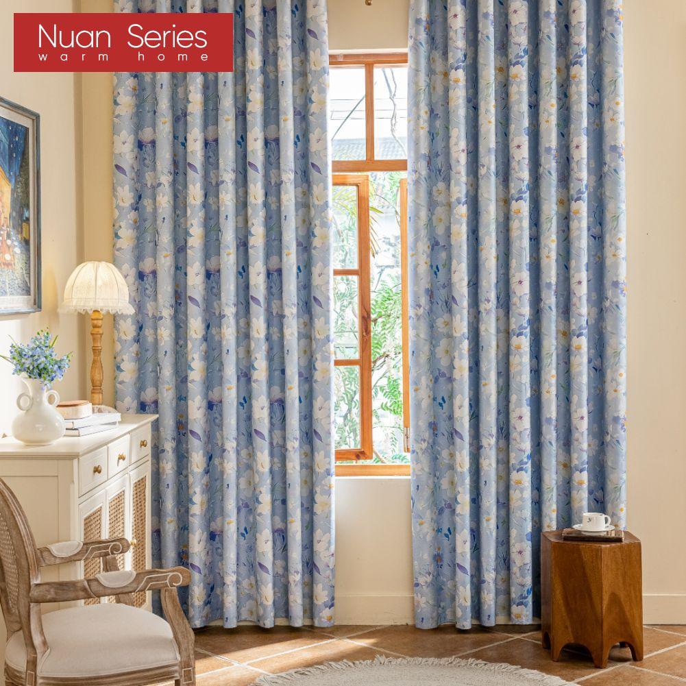 1PC Nuan Series Nordic Countryside Style Blue Printed Curtains with Full Blackout Curtains for Bedroom Living Room Balcony Window for Home Decor
