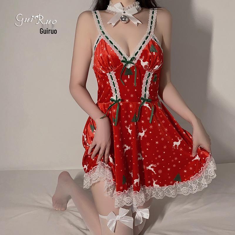 Samt-Print Übergröße Weihnachts-Dessous Camisole Nachthemd Set