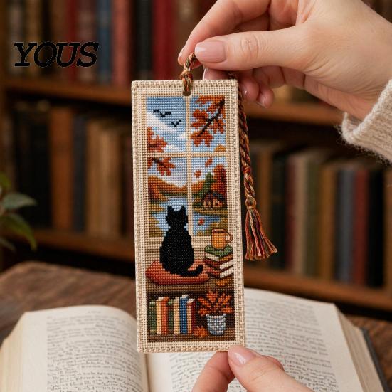 Retro Bookmark DIY Stitch Kit for Adults Beginners, Seasonal Cat Reading Accessory Handmade Embroidery Kit, Gifts Lovers, Readers Artistic