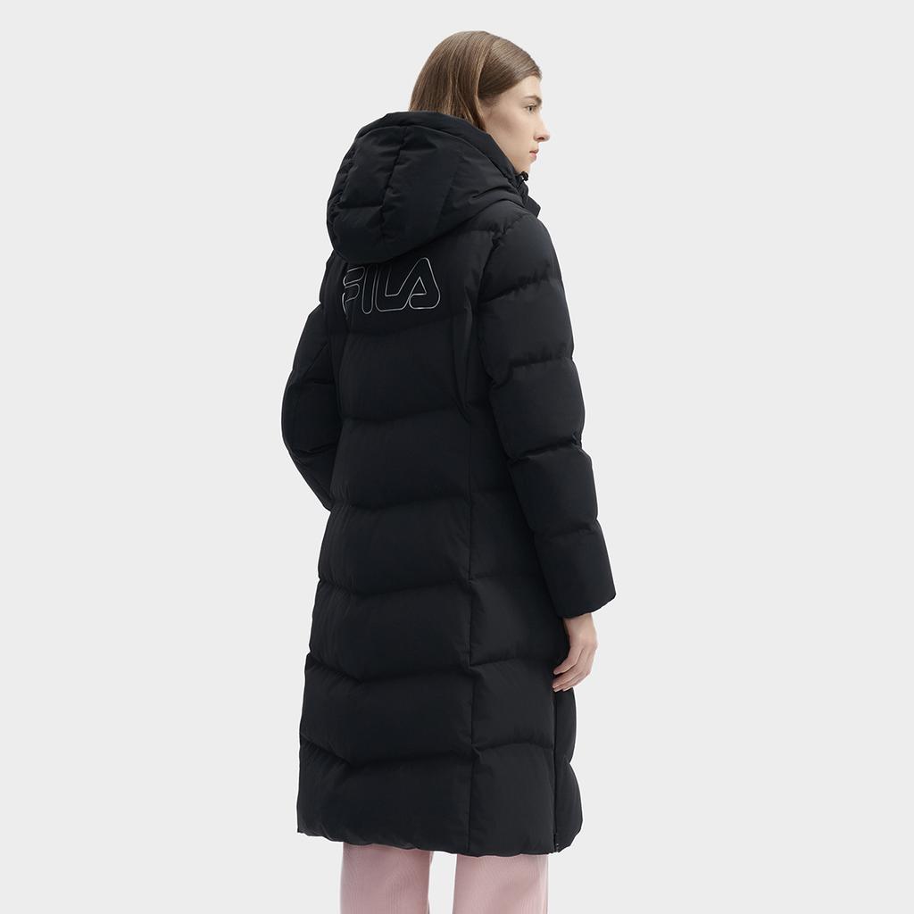 Fila Warme Lange Kapuzen-Daunenjacke Damen Oberbekleidung Schwarz F11W443905FBK